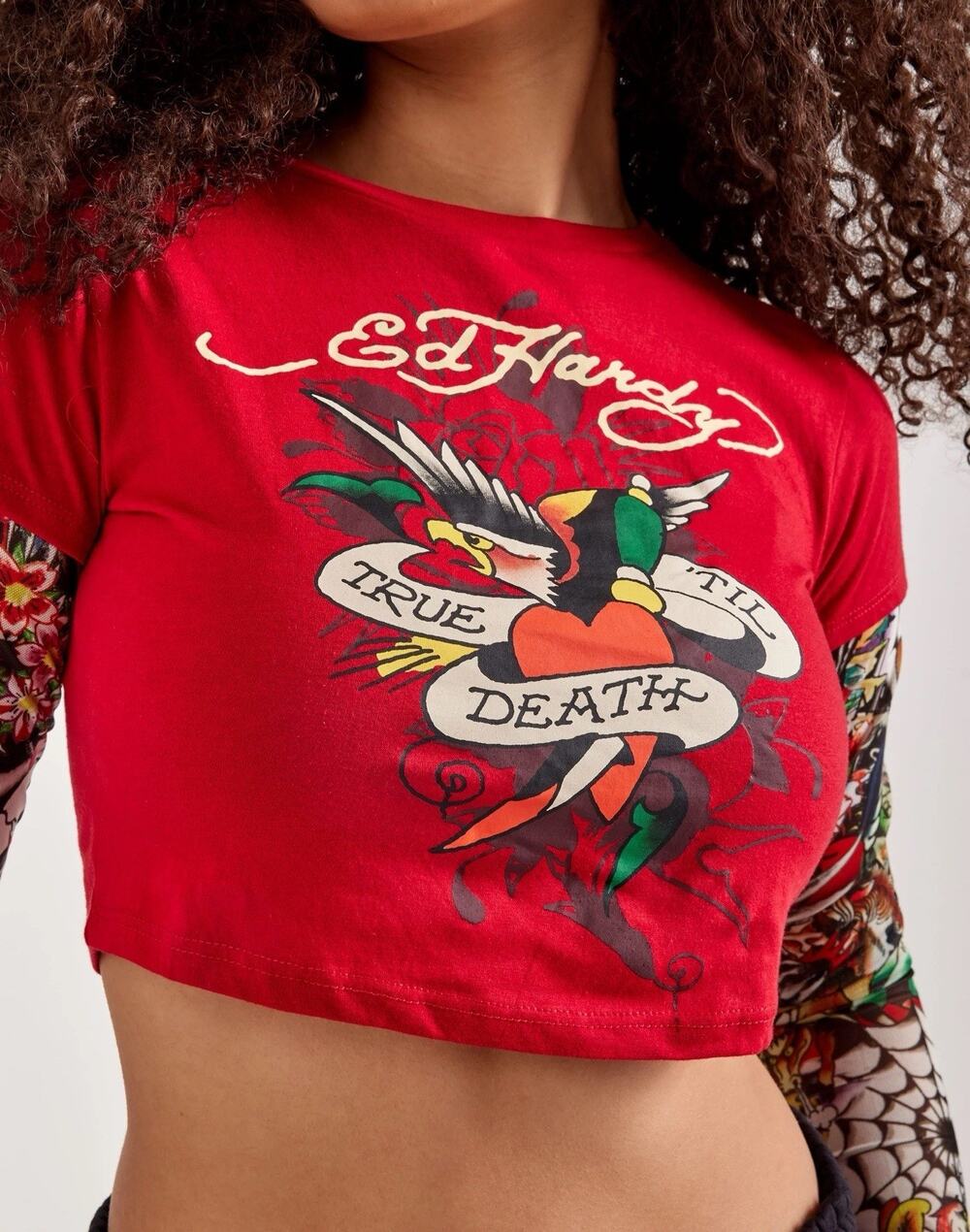 Ed Hardy True Til Death Eagle Red Crop Top Mesh Tattoo Sleeves L NWT Y2K Grunge